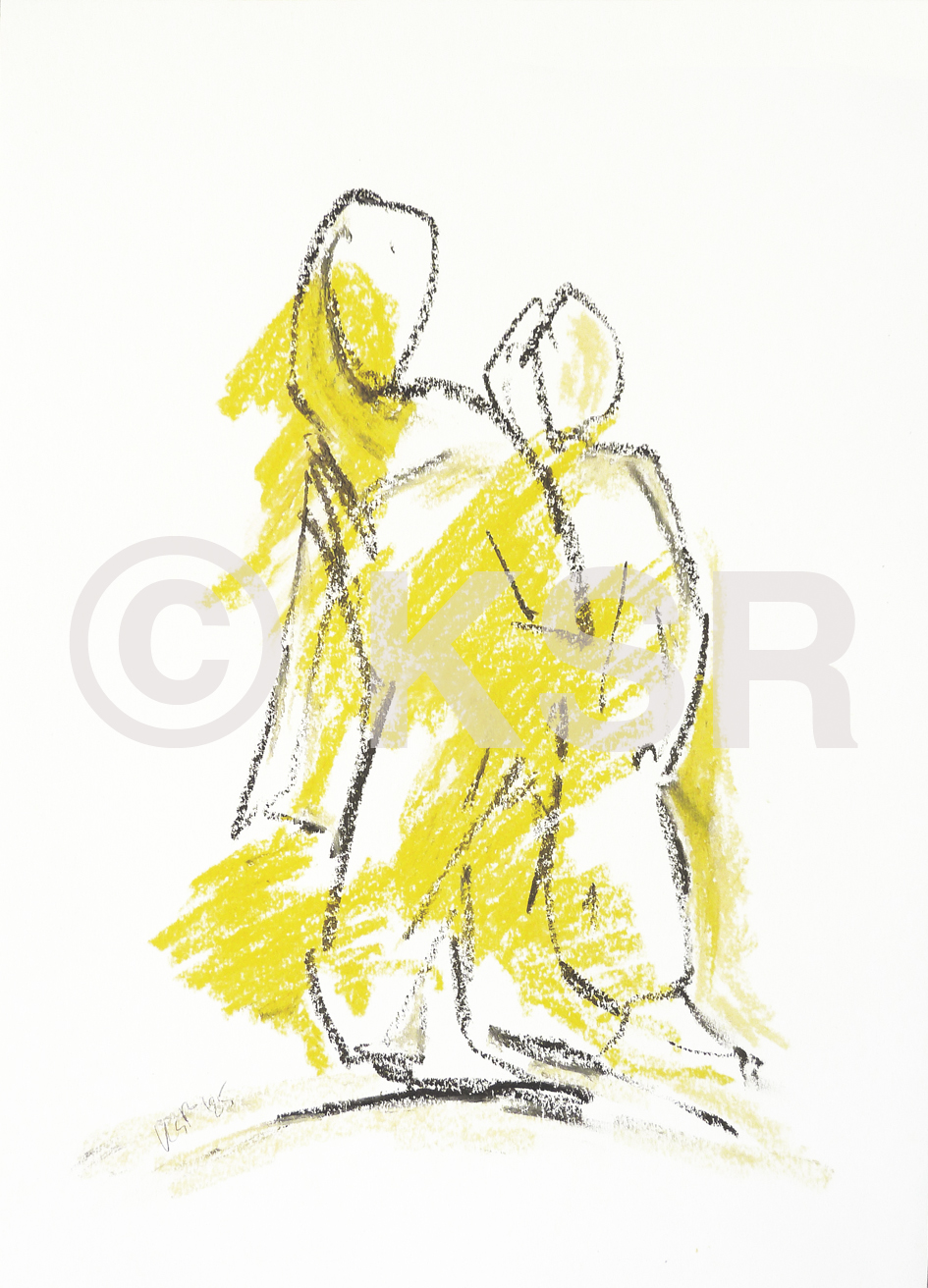 Zwei figuren in Öloastell, gelb und schwarz auf weiß